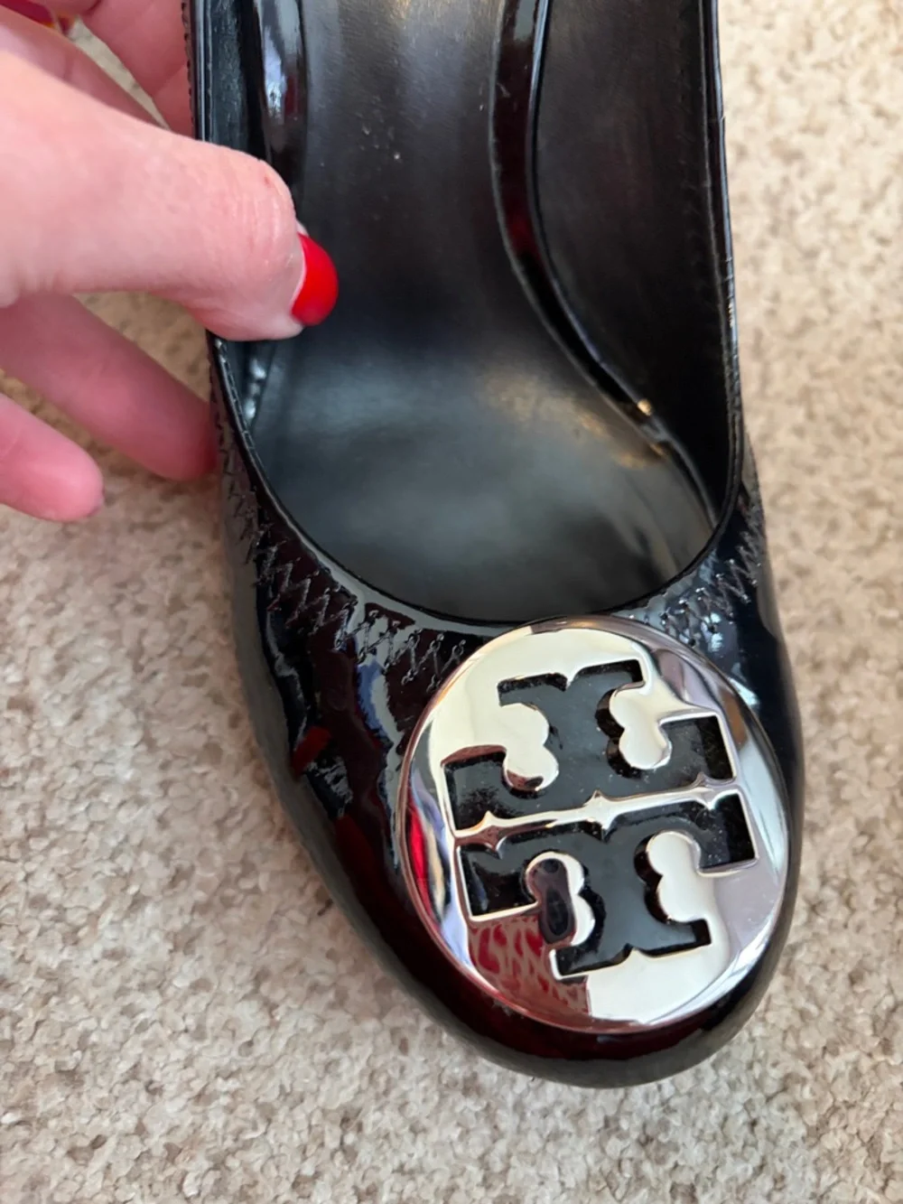 Tory Burch “Sophie” Black Patent Leather wedge heel with silver hardware, 8